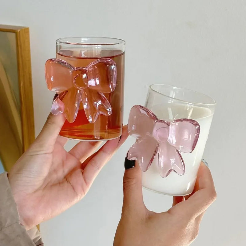 Girl Pink Bow Hand Blown Breakfast Water Tea Juice Milk Glass Mug Gift High Borosilicate Glass Pink Butterfly Drinking Glasses
