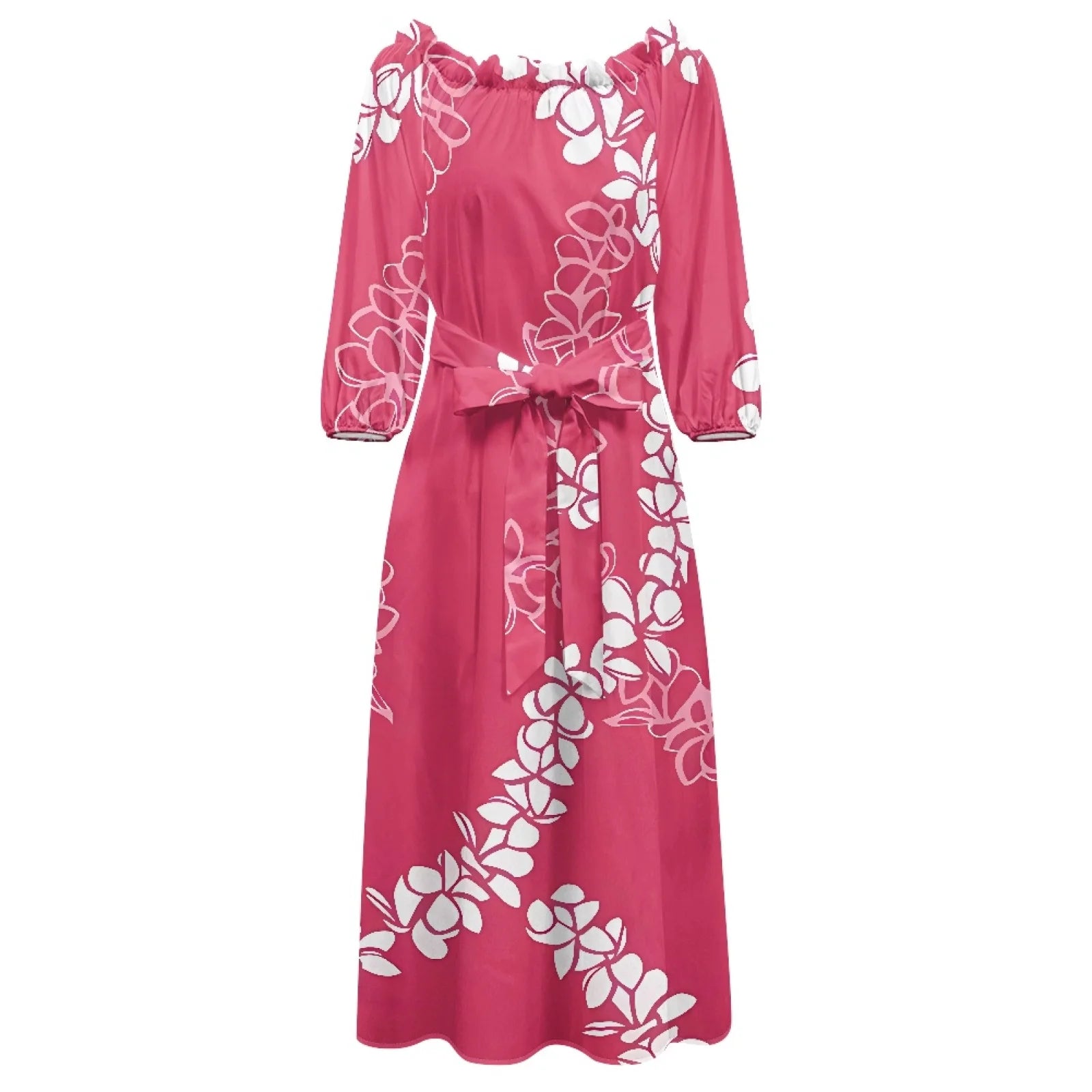 Luxury 2024 Ladies Long Dress Elegant Paukenikeni Elei Print Hot Pink with Pleated Neck One Shoulder Long Sleeve Sweet Style