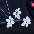 Glitter Silver Plated Cubic Zirconia Big Delicate Leaf Shaped Chain Pendant Necklace Earring Bridal Jewelry Sets for Women
