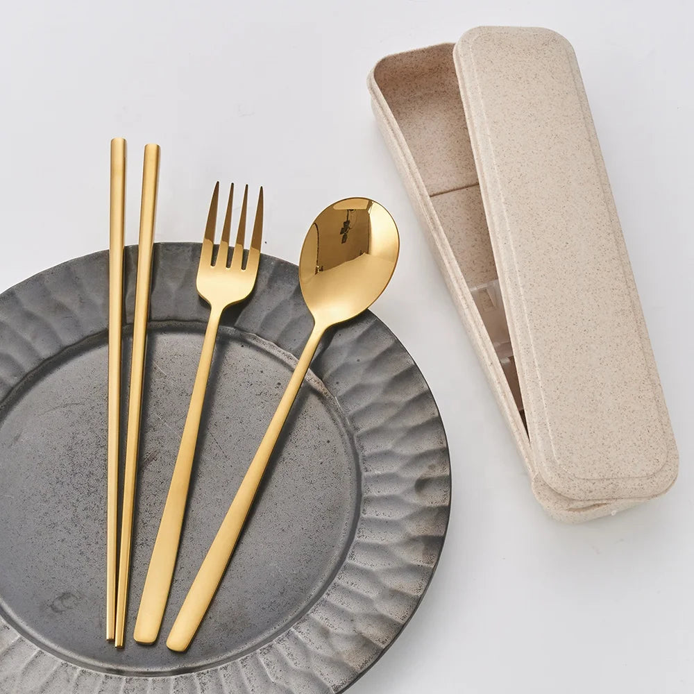 Stainless Steel 304 Travel Cutlery Set Gold Spoons and Forks in Plastic Case for Business Gifts