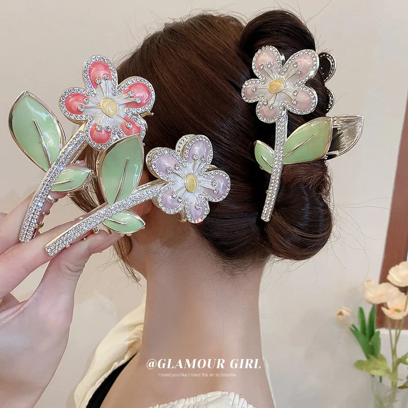 Large Flower Rhinestone Hair Shark Clip for Women Girls Metal Pearl Hairpin Female Ponytail Shiny Holding Hair Claw