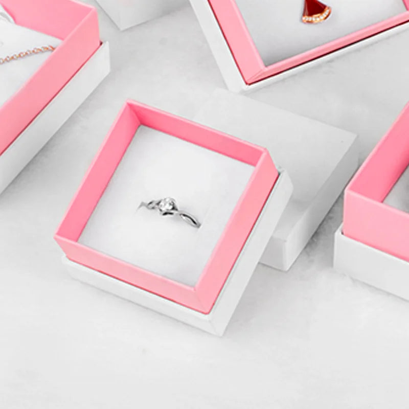 Luxury White Pink Custom Logo Ring Boxes Jewellery Packaging Paper Cardboard Velvet Jewelry Box Price for Wedding Engagement