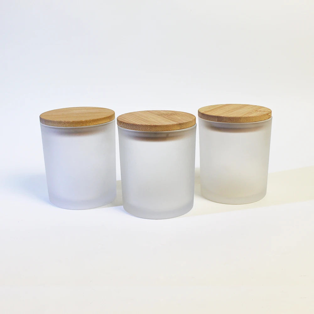 Colorful Wide Mouth Aroma Candle Jars Matte White Empty Clear Frosted Glass Candle Holder With Bamboo Wooden Lids