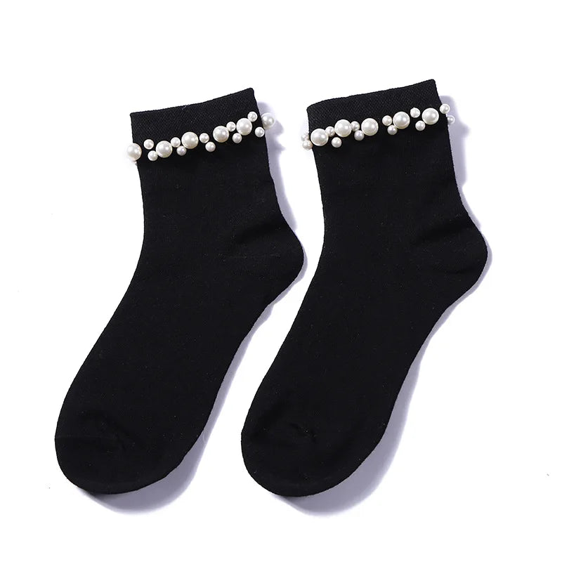 College Style Handmade Shiny Pearl Retro Socks Korean Princess Art Socks Women Japan Harajuku Fashion Women Socks