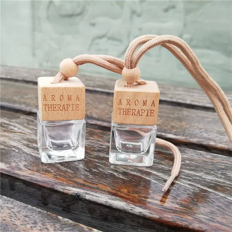 Wholesale 8ml air Freshener Diffuser Empty Frosted Car Hanging Perfume Bottle with Wooden Screw Cap