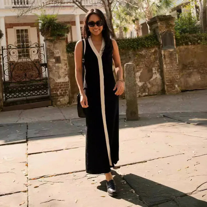 Low MOQ Autumn Elegant Party Fall V-neck Sleeveless Single Summer Breasted Ribbed Casual Midi Long Dress for Women