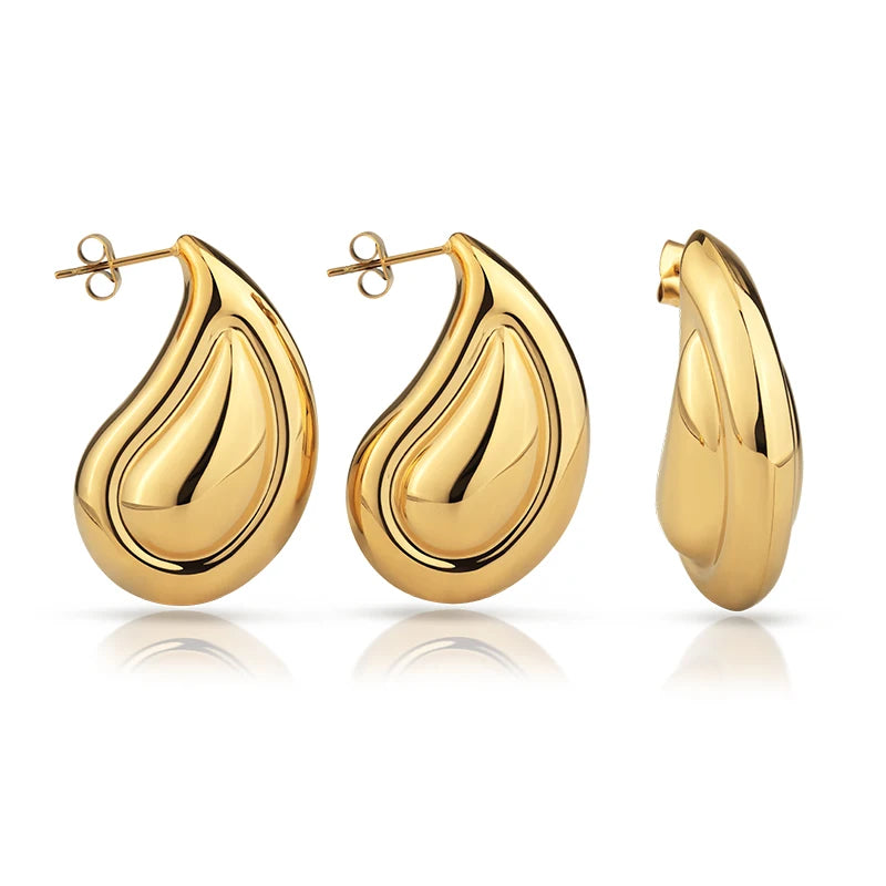 Minimalist Double Layer Water Drop Stripe Stud Earrings 18k Gold Plated Hypoallergenic Stainless Steel Teardrop Emboss Earrings