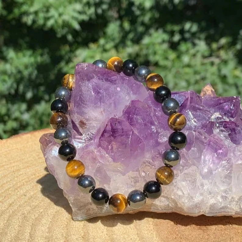 16Year Wholesale Obsidian Hematite Tiger Eye Healing Natural Stone Spiritual Calm Energy Crystal Triple Protection Bracelet Men