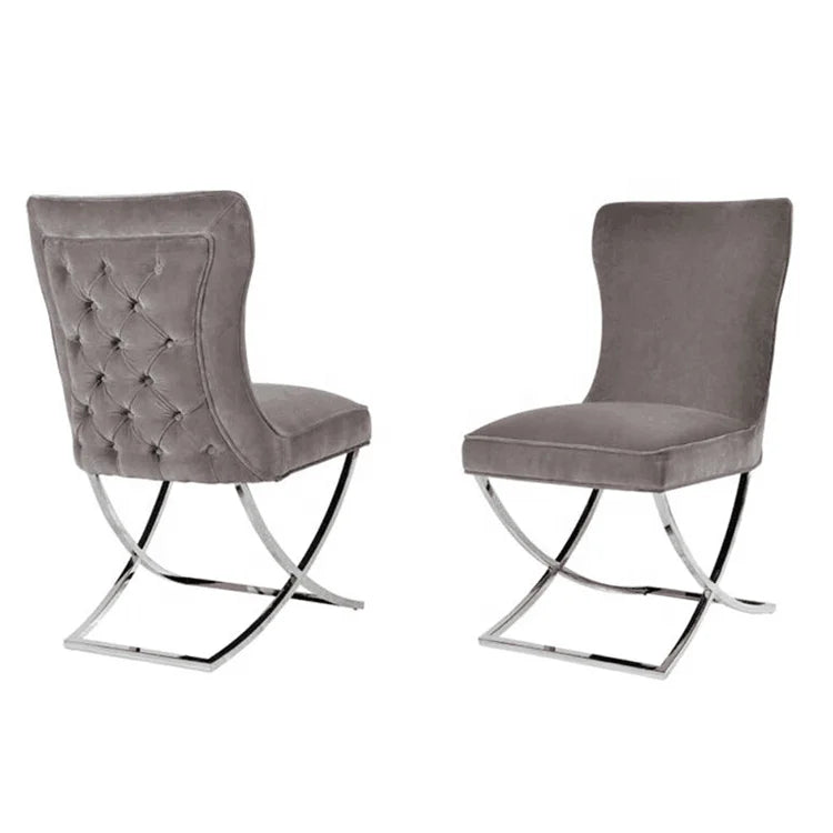 Billionplus SS58 Polished Stainless Steel Tufted Dining Chairs Grey Velvet Upholstery Contemporary Design Durable Construction 1