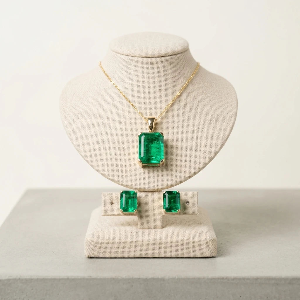 14k Yellow Gold Jewelry 10x12mm Green Lab Hydrothermal Colombian Emerald Stone Chain Pendant Necklace Earring Combination