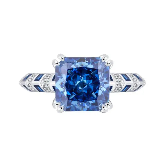 925 Sterling Silver Rhodium Plated Classic Square Blue Sapphire Princess Cut Cubic Zirconia CZ Wedding Ring for Women