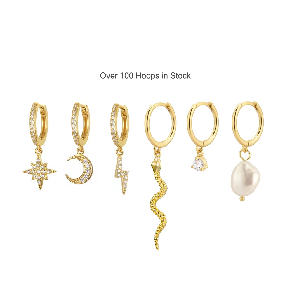 925 Sterling Silver Women's Fashion Earrings Cute Minimalist Gold-Plated Moon Star Hoop Huggies Trendy Jewelry with Zircon Stone
