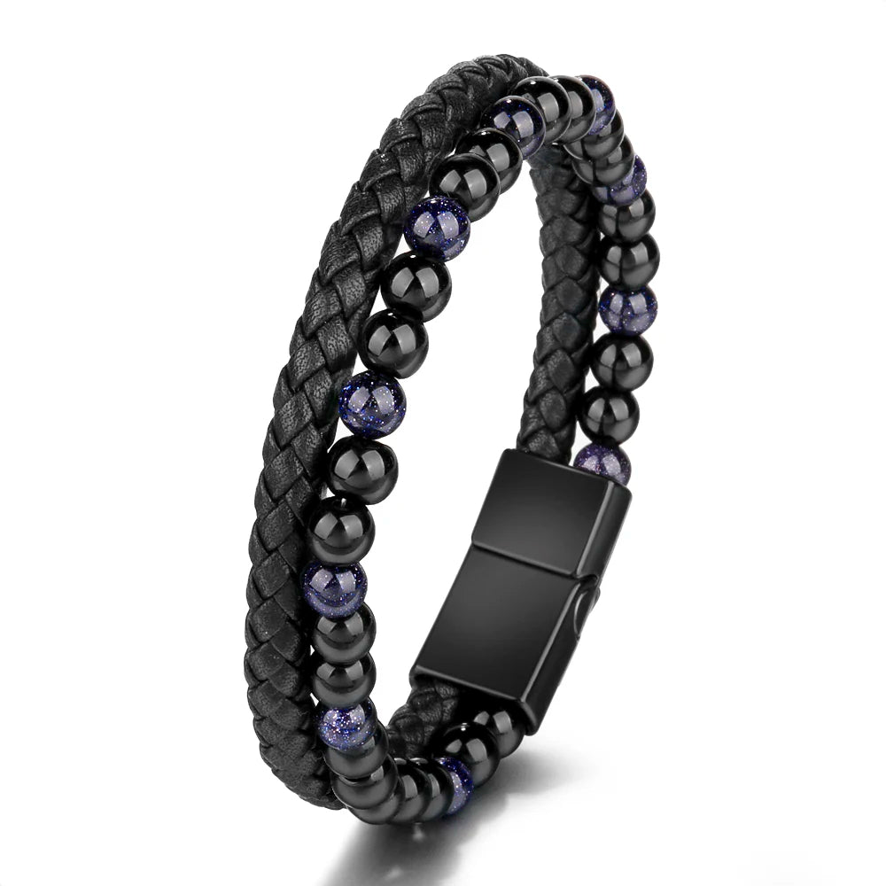 High Quality Hot Selling Magnetic Titanium Stainless Steel Leather Natural Stone Beaded Bracelet for Men Handmade