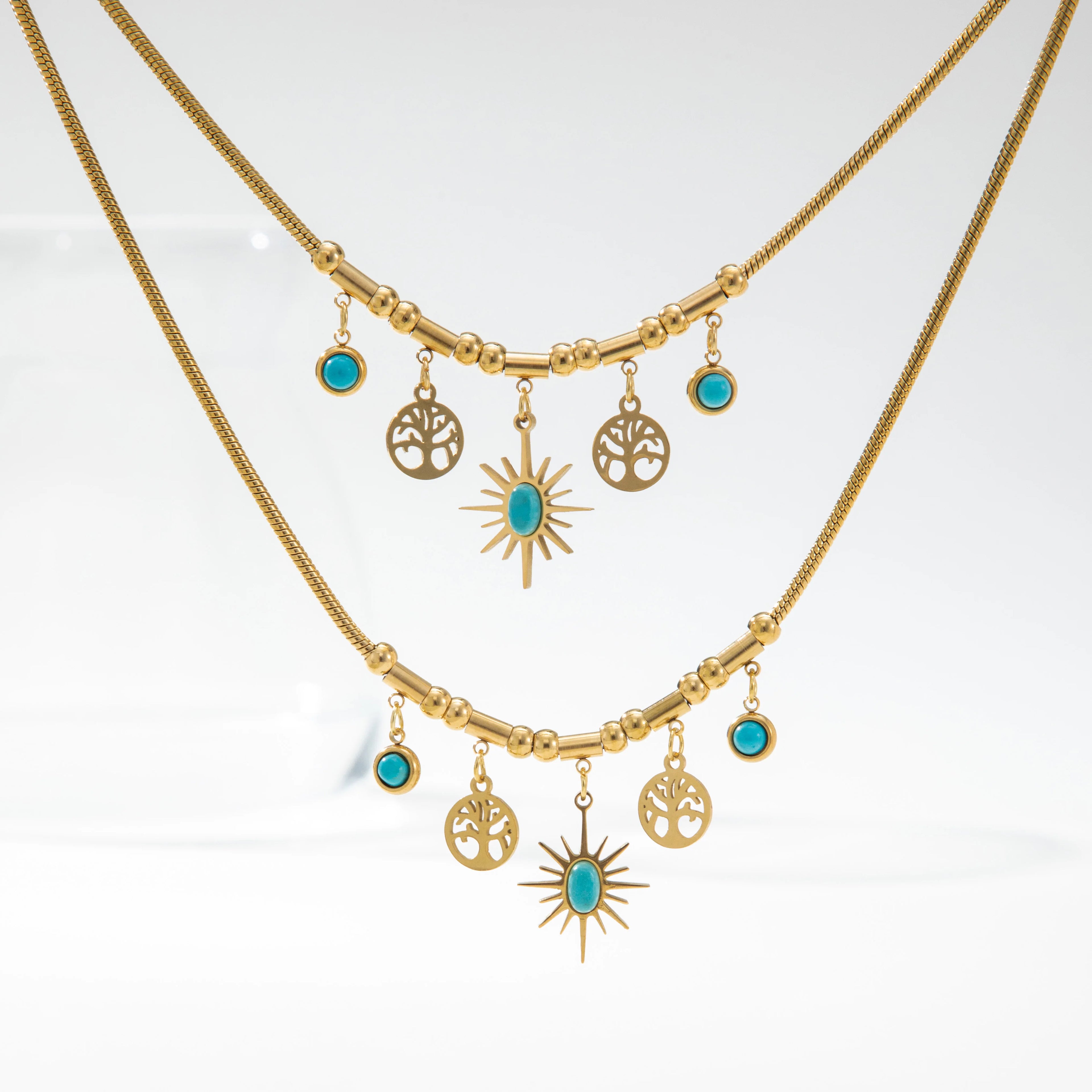 YF3586 Vintage Bohemian Jewelry Waterproof 18k Gold Plated 316L Stainless Steel Tree of Life Turquoise Pendants Necklace