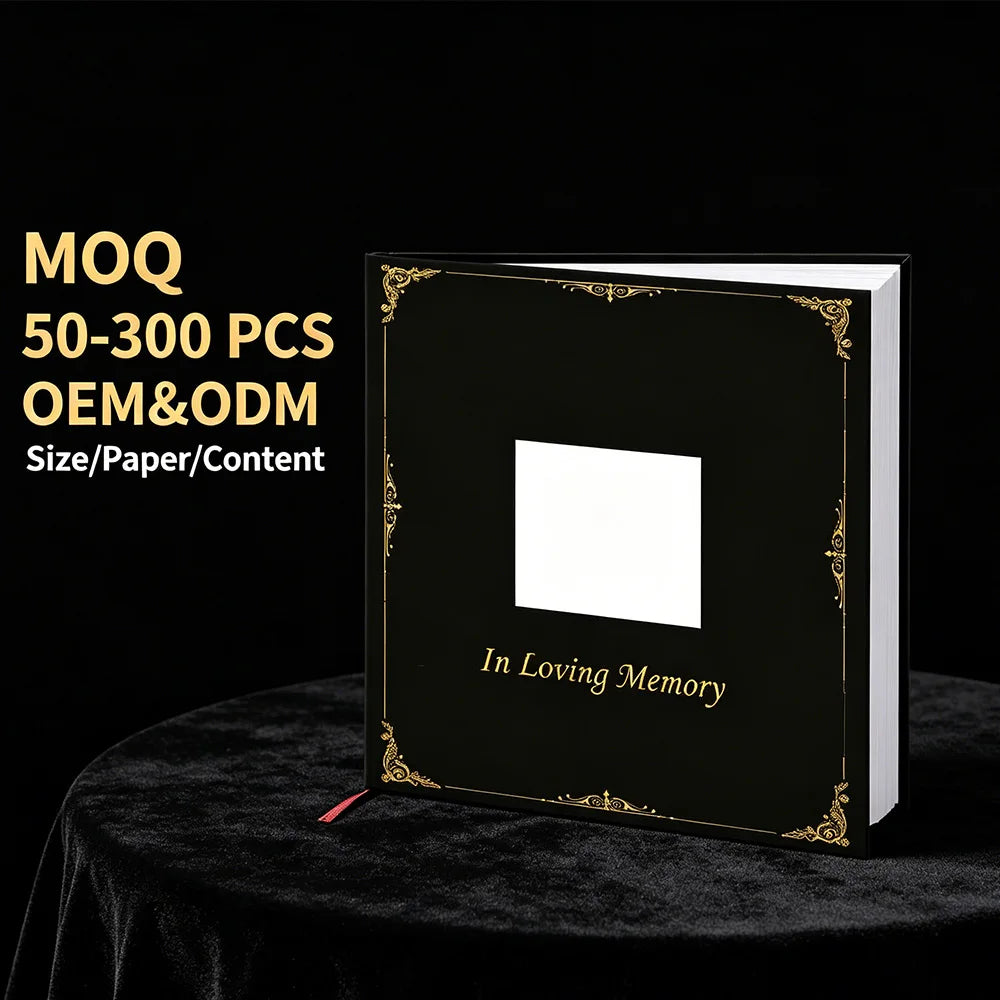 Custom Funeral Guest Book Gold Embossed Leather Hardcover Signature Memory Celebration of Life Sign in Book Picture Pocket