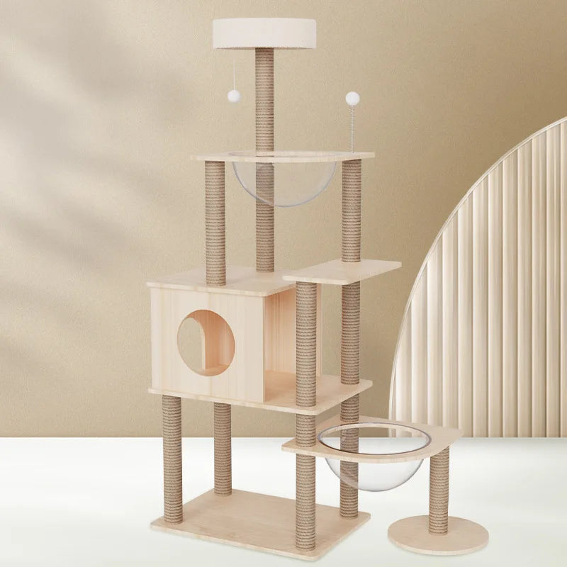 Large Double Space Luxury Cat Tower Modern Wood Cat Climbing Rack Nest Jumping Table Claw Grinding Toy Integrated Big Cat Villa