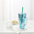 Artistic Letter Pattern Round Borosilicate Glass Double Wall Leak Proof Travel Tumbler with Straw MegaBDM