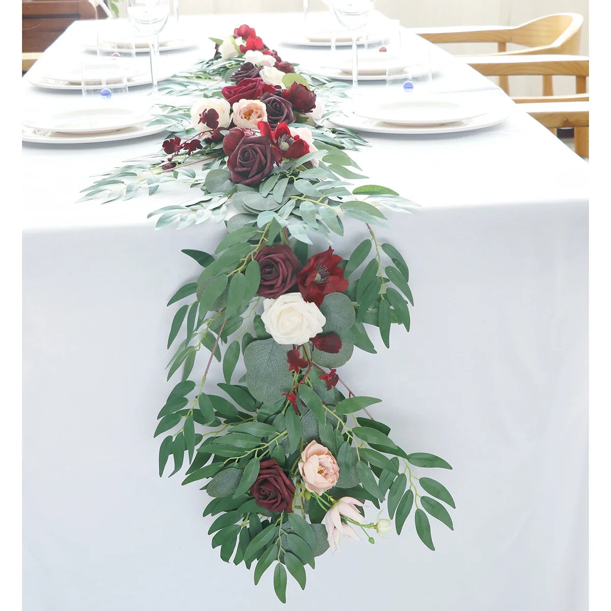 H5563 Weeding Decor Wedding Table Floral Arrangement Greenery Artificial Silk Flower Runner Rose Eucalyptus Table Flower Garland