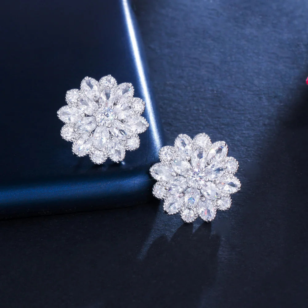 Elegant Design Cubic Zirconia Jewelry Silver Plated Sparkling CZ Stones Big Flower Stud Earrings for Women Party Engagement
