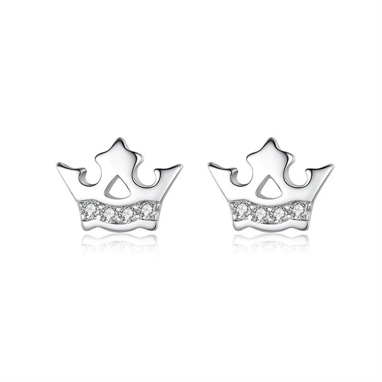 Mini cute 925 sterling silver women simple dainty CZ diamond crown stud earrings