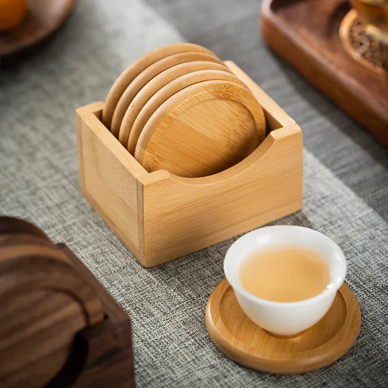 Kitchen Handmade Custom Round Bamboo Thermal Cushion Drink Tea Cup Coasters Set With Storage Holder