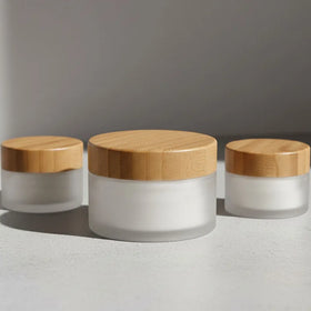 Custom Logo Glass Jars With Bamboo Wooden Lids Container Frosted Glass Jar With Bamboo Lid