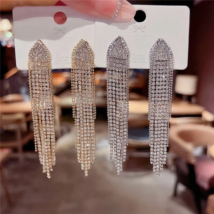 Luxury Long Chandelier Wedding Bridal Drop Earring Exaggerate Crystal Rhinestone Statement Dangle Tassel Earrings Jewelry Women