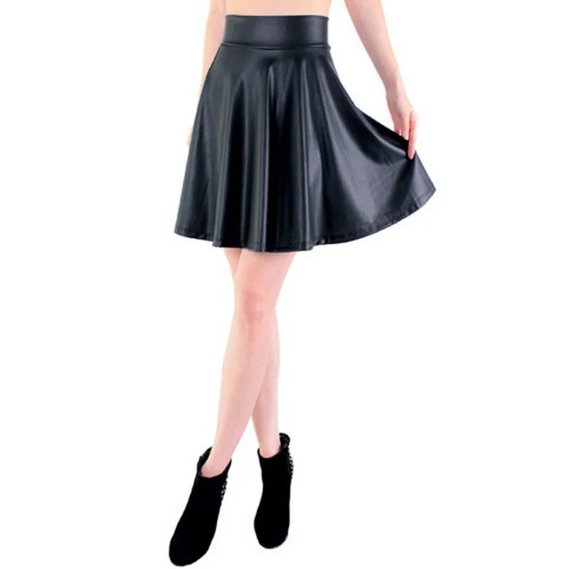 Girls Black Skater Dress Faux Leather A-line Skirts for Ladies