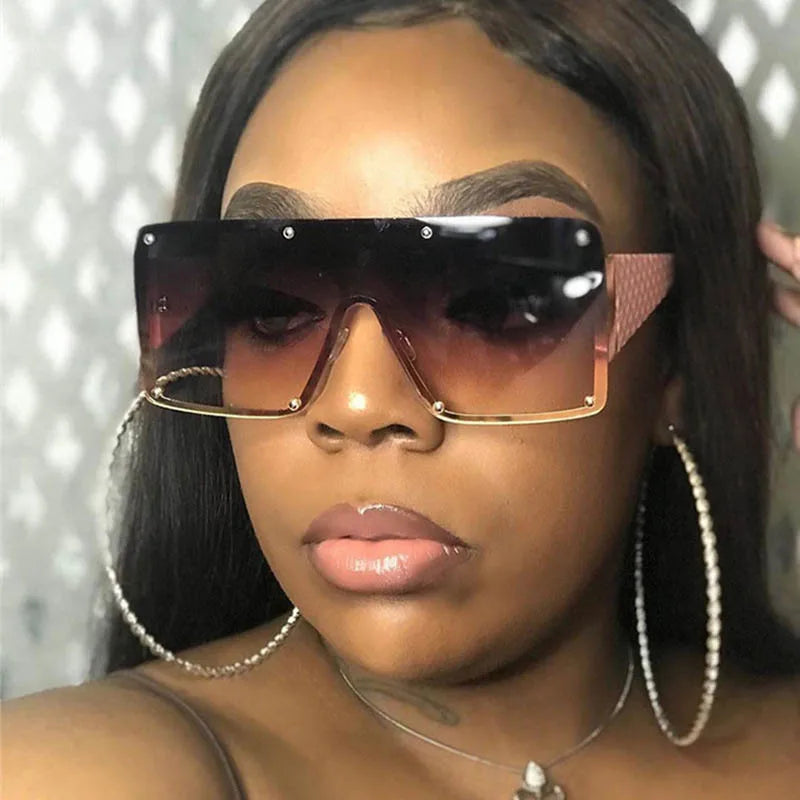 Women's Fashion Oversize Sunglasses Large Oblong Frame with One Piece Rivets UV400 Optics Women's Fashion Sun Glasses