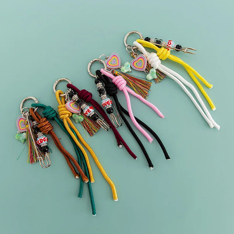 Purse Keychain Colorful Braided Lanyard Rope Mobile Phone Chain Keychain Pendant Bag Accessories Bead Heart Charm Keychain