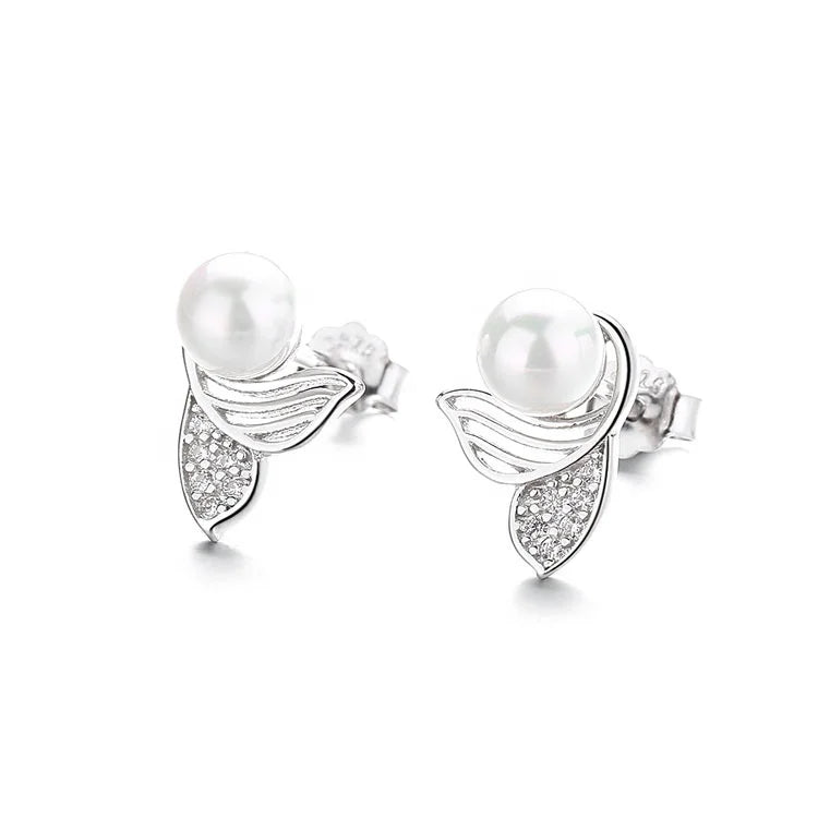 Real Silver 925 Fish Tale Stud Earrings with Pearl Ocean Jewelry for Women Gift