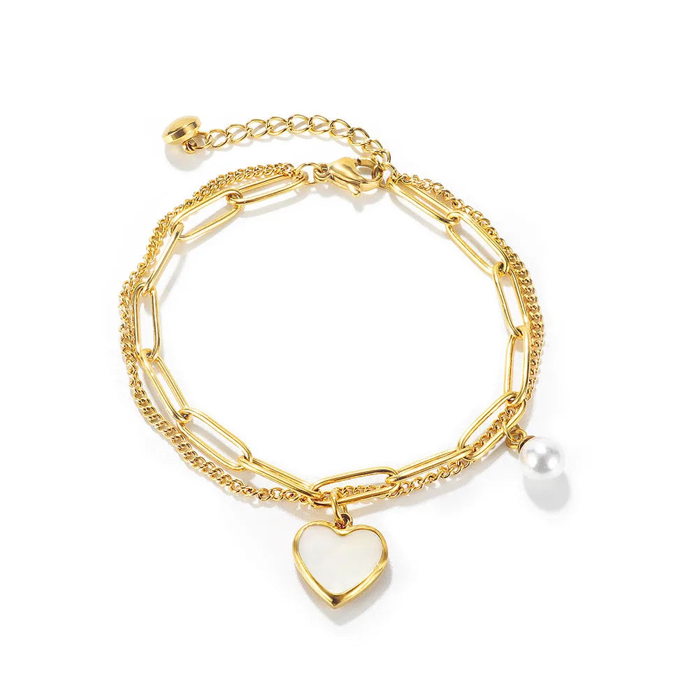 Fashion Trendy Stainless Steel Chain Double Layers Heart Pendant Charm Bracelet Jewelry Women Bracelets