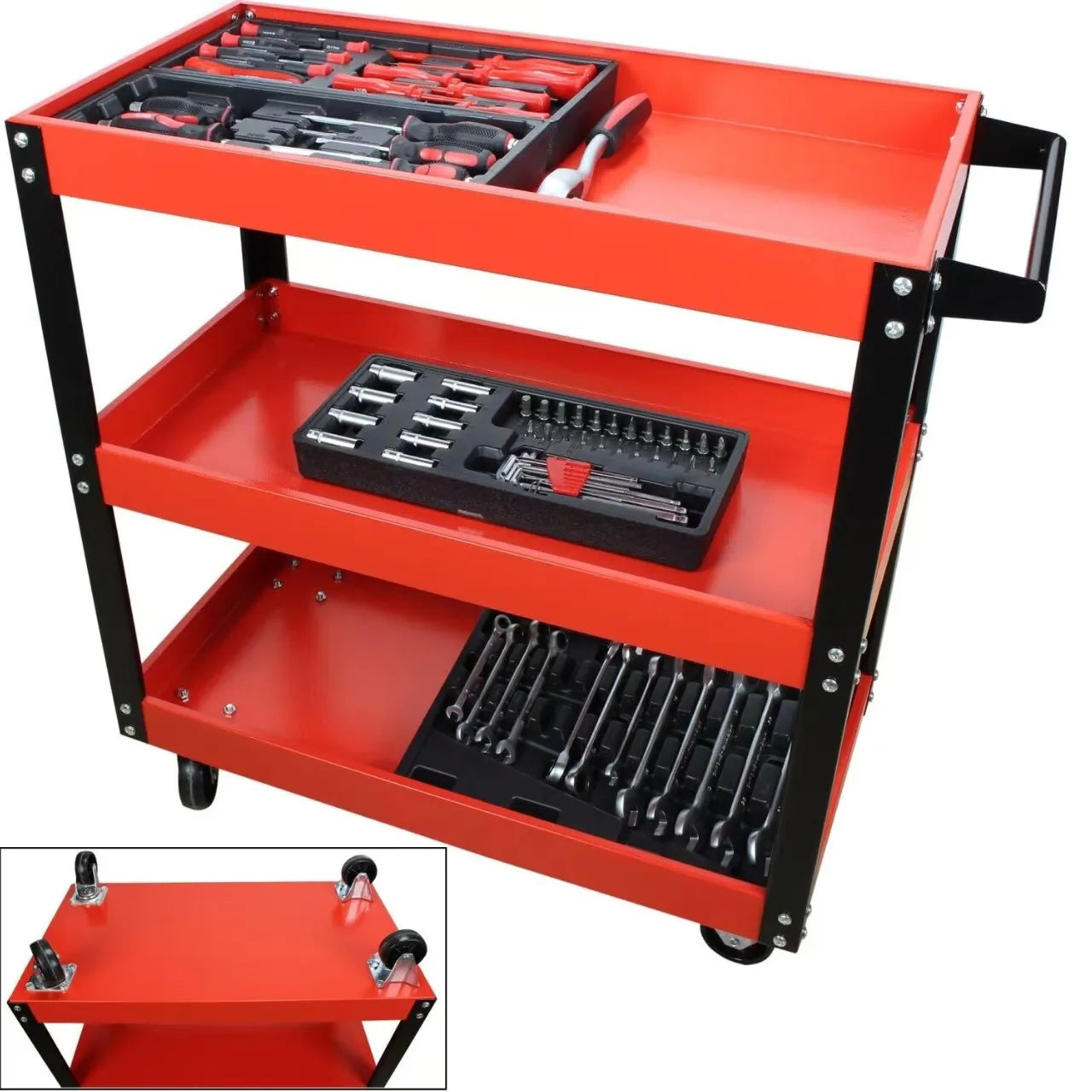 Tool Cart 330LBS Metal & Plastic 3 Tier Rolling with Wheels Heavy Duty Utility Cabinet Garage Storage