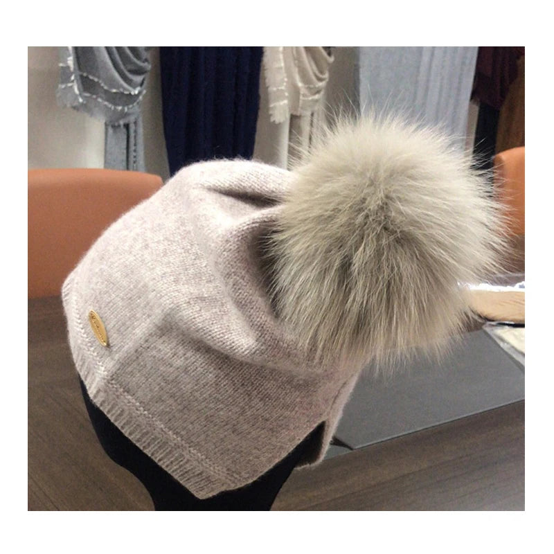 Sample Support Women's Knitted Beanie Hat Warm Wool Cashmere Merino Bucket Hat Pure Wool Pom Pom Digital Puff Printed for Travel