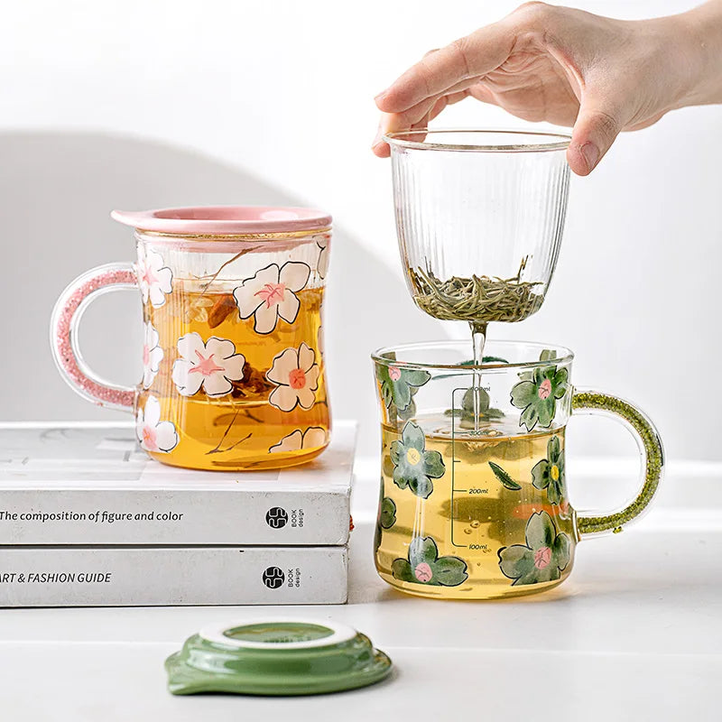 High Borosilicate With Separated Filter Glass Mug Heat Resistant Ceramic Lid Tea Glass Cup With Scale