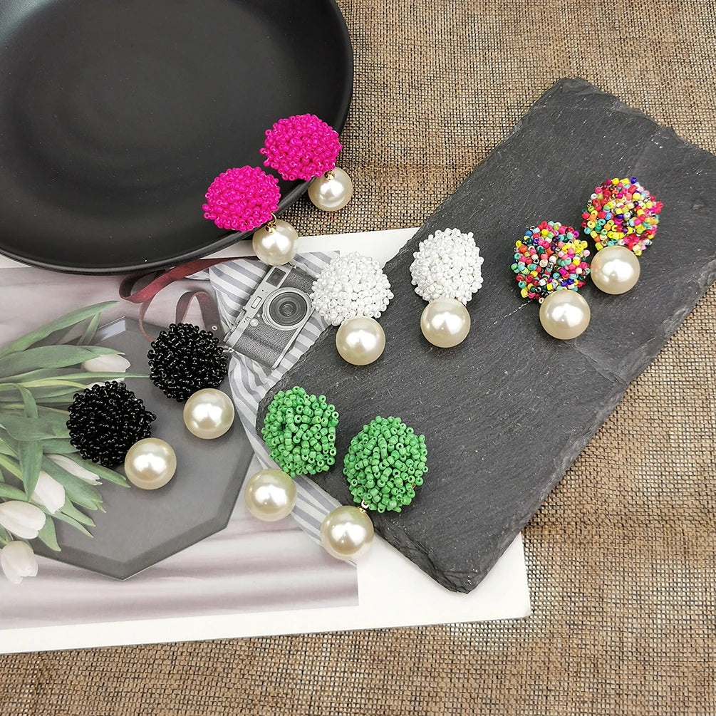 Bohemian Ethnic Cluster Rainbow Resin Seed Beaded Stud Earrings Statement Simulation Pearl Pendants Dangle Earrings Chic Jewelry
