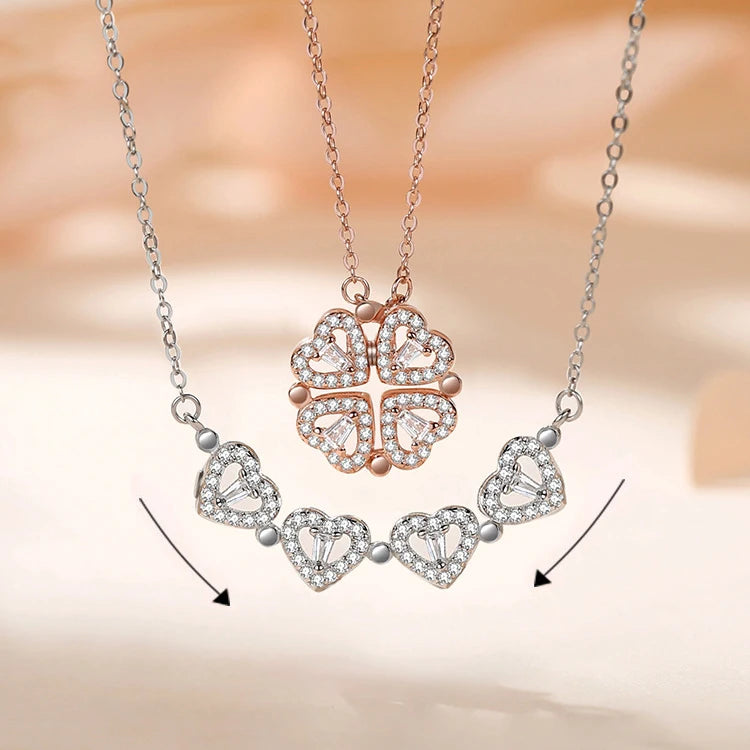 925 Sterling Silver Birthday Necklace 4 Clover Leaf  Hearts 2 in 1 Pendant Necklace