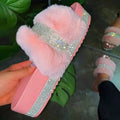 Platform Diamonds Fur Slides slippers Hot Sale Flutty slippers New Style Thick Sole Platform Sandals for Ladies