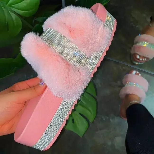 Platform Diamonds Fur Slides slippers Hot Sale Flutty slippers New Style Thick Sole Platform Sandals for Ladies