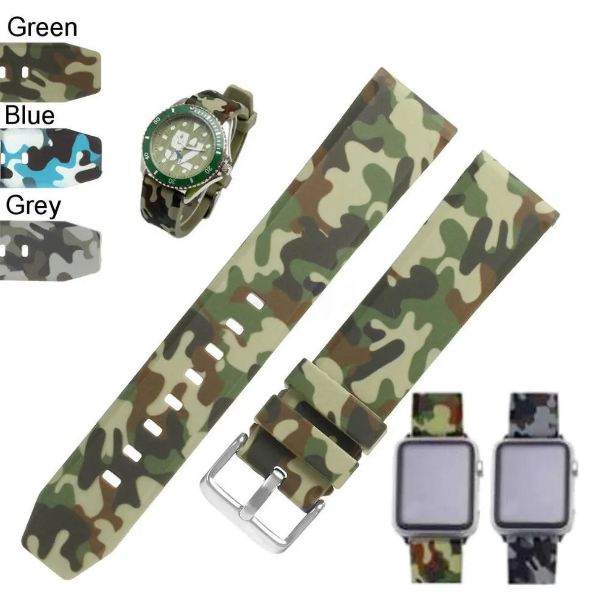 20/22/24mm Blue/Green/Grey Army Camo Watch Band Sport Silicone Rubber Strap