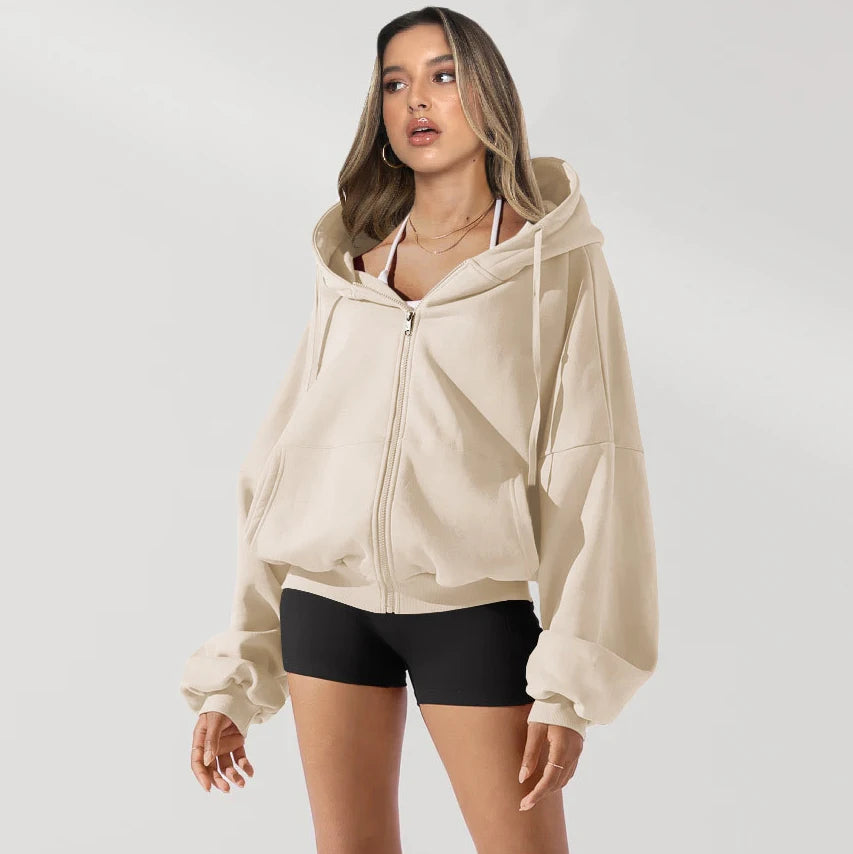 Women's Winter Oversize Fitness Sweatshirt Full Zipper With Loose Drawstring Windproof Long With Print Pattern Gym Yoga Set