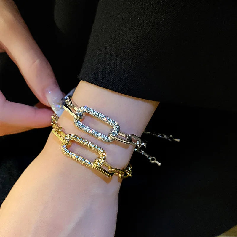 Real 18k Gold Plated Paperclip Chain Bracelet Micro Inlaid Cubic Zircon Rectangle Link Bracelet Diamond Adjustable Bracelet