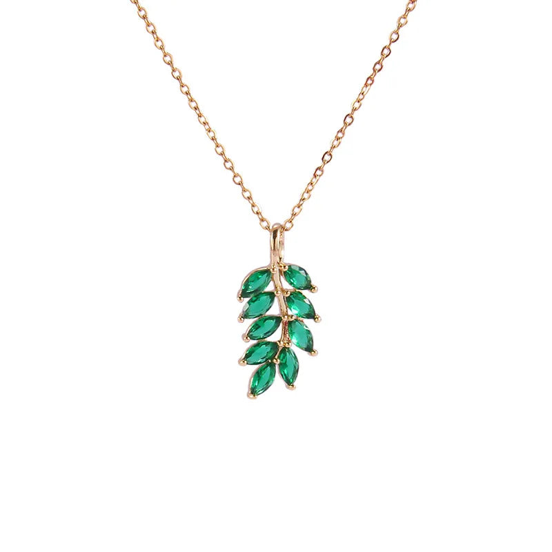 Super Bling Cubic Zirconia Stone Leaves Pendant Necklace 18K Gold Plated Stainless Steel Green Crystal Leaf Shape Necklace