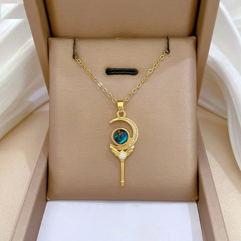 Collar De Acero Inoxidable Tarnish Free 18k Gold Plated Stainless Steel Chain Necklace Zircon Magic Scepter Charm Necklace Women
