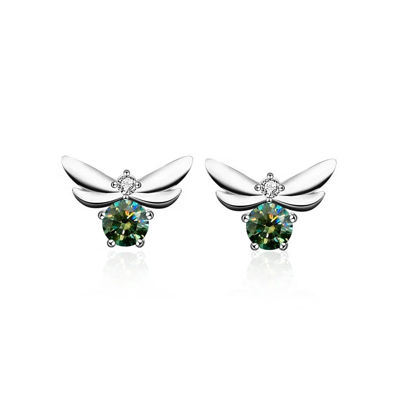 New Design Fashion 925 Sterling Silver White Green 50 Point Mossianite Bee Shape Stud Earrings for Girls
