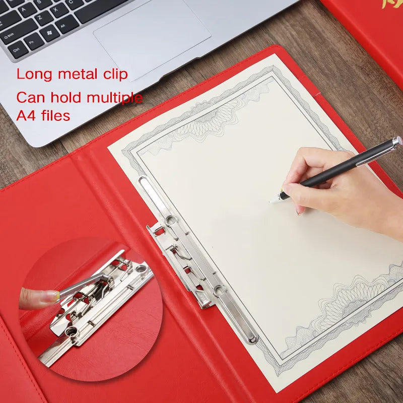 Red Custom Made PU File FoldersBlack Leather A4 Signature Folder With Strong Lever Clip