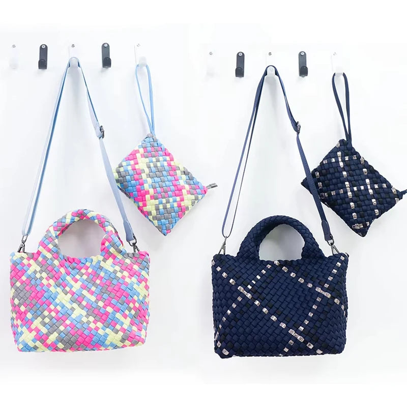 Wholesale Custom Make Hand Neoprene Woven Knitted Handbag Luxury Soft Beach CrossBody Bag Weave Mini Tote Bags with Print Logo MegaBDM