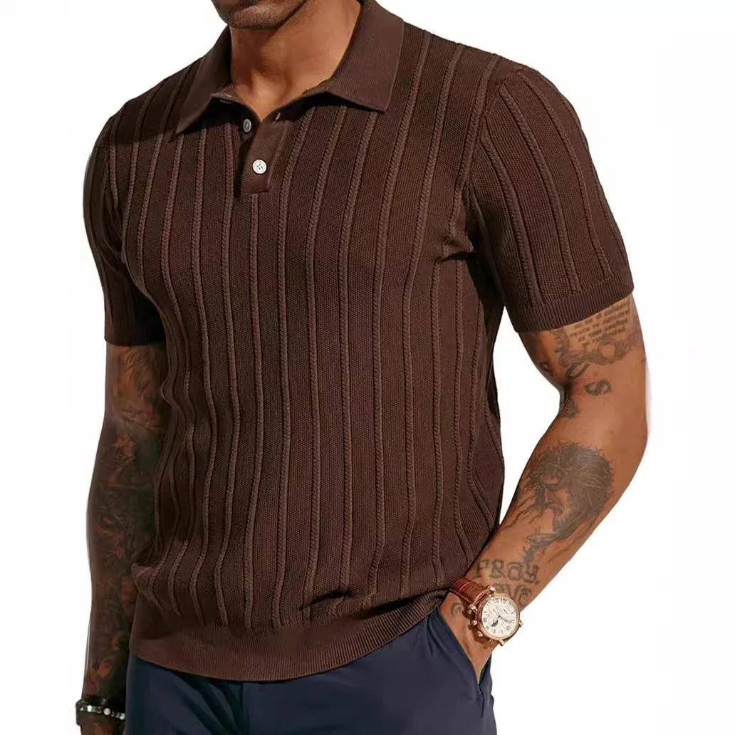 Men's Summer Fashion New Short-Sleeved V-Neck for Polo Shirt Cool Breathable Casual Top with Solid Knitted Design Solid Color MegaBDM