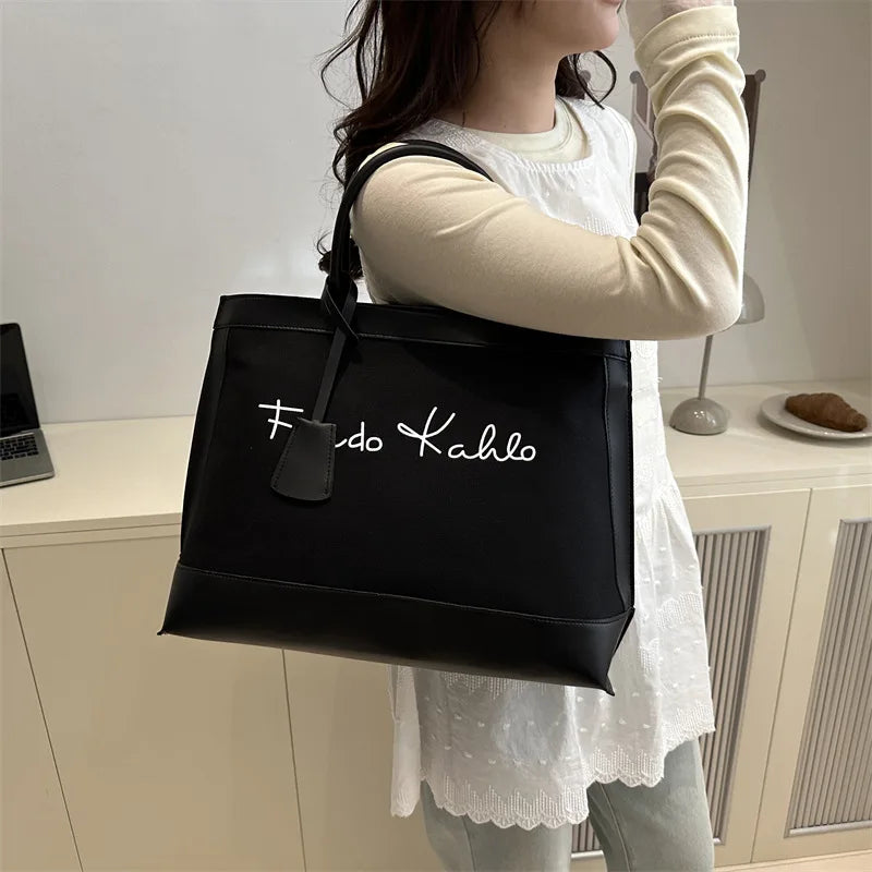 New Retro Portable Large Capacity Canvas Tote Bag for Women Trendy Fashion Zipper Closure Contrast Color for Travel Commuting