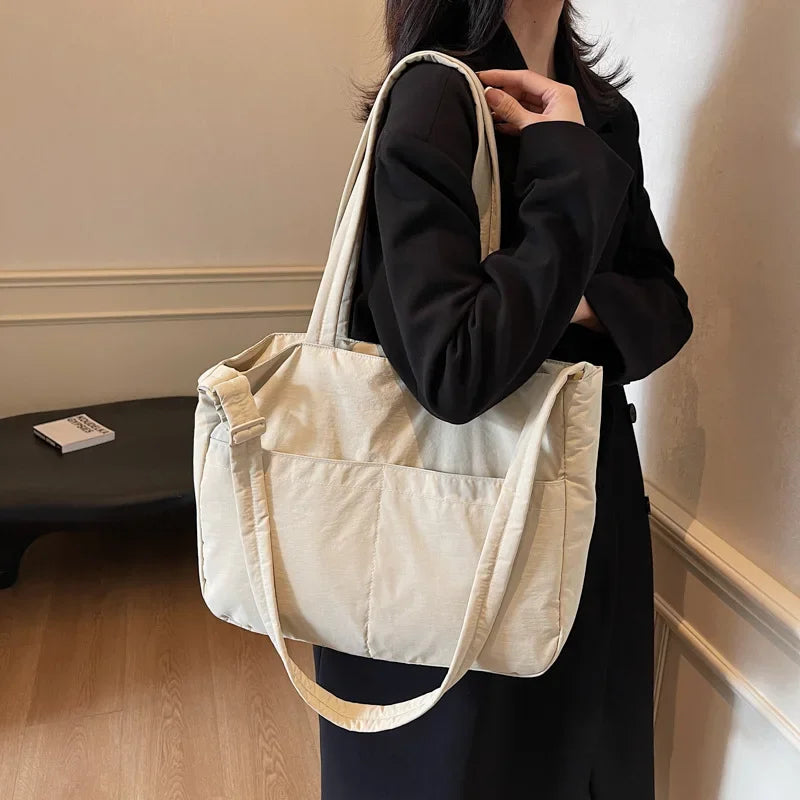 Large Capacity Women's Pocket Shoulder Bag Portable Female Travel Messenger Bags Solid Color Girls Book Tote Commuter Handbags
